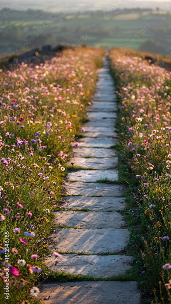 Obraz premium Stone Pathway Through a Blooming Meadow Under Golden Hour Sunlight With Rolling Hills in the Background Vertical Orientation