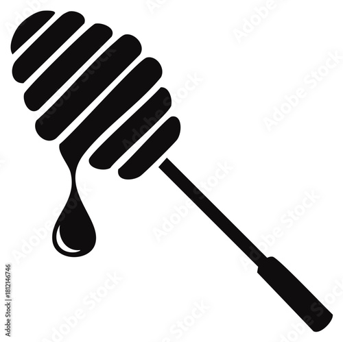 Black icon of a honey dipper with a sweet viscous honey drop slowly dripping