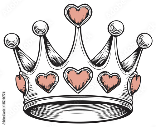 Elegant royal crown illustration adorned with pink hearts, a symbol of love and luxury for romantic fairytale concepts