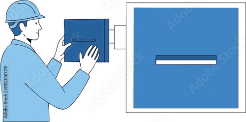 An electrician in a hard hat installing an electrical panel connecting wires to a larger blue box symbolizing electrical work and maintenance.