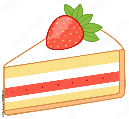 Vibrant cartoon strawberry cake slice with white cream and red fruit layers