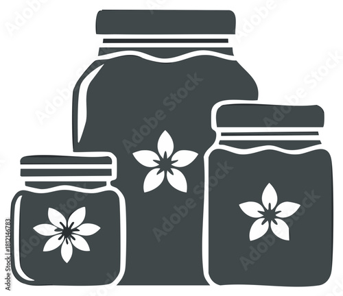 Stylized icon set of three glass jars with floral labels for homemade preserves
