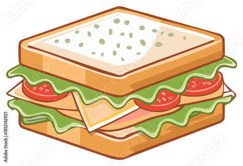 A delectable layered sandwich featuring fresh lettuce, juicy tomatoes, and cheese between toasted bread.