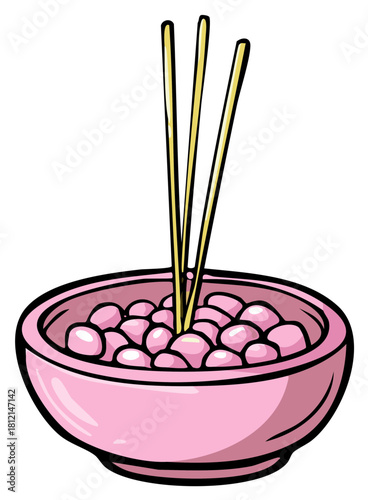 Cartoon illustration of a pink bowl with incense sticks for aromatherapy and relaxation