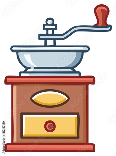 Cartoon coffee grinder. Vintage manual coffee machine. Wooden with crank handle illustration