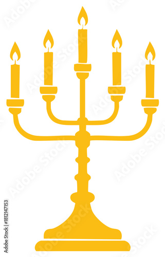 Gold Candelabra with Five Lit Candles, Ornamental Vintage Candle Holder Illustration