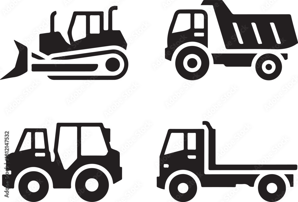 Fototapeta premium Collection of four black construction vehicle icons on white vehicles truck