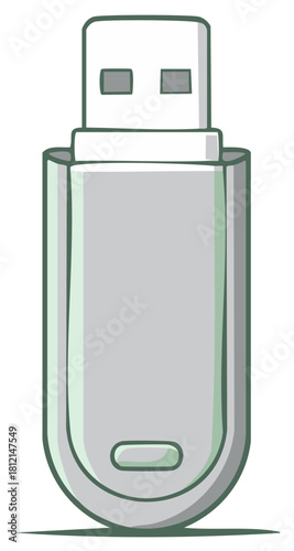 Cartoon gray USB flash drive icon for portable data storage and digital transfer