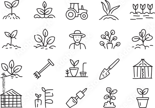 Hand drawn line art icons of farming and gardening