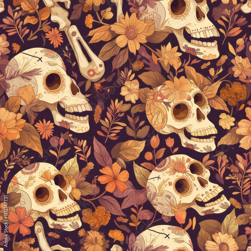 Day of the Dead Skulls Floral Seamless Pattern Illustration