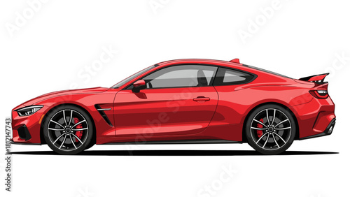 Red sports coupe viewed from the side against a white background