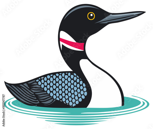 Stylized loon bird swimming in water featuring black head red collar and spotted body pattern