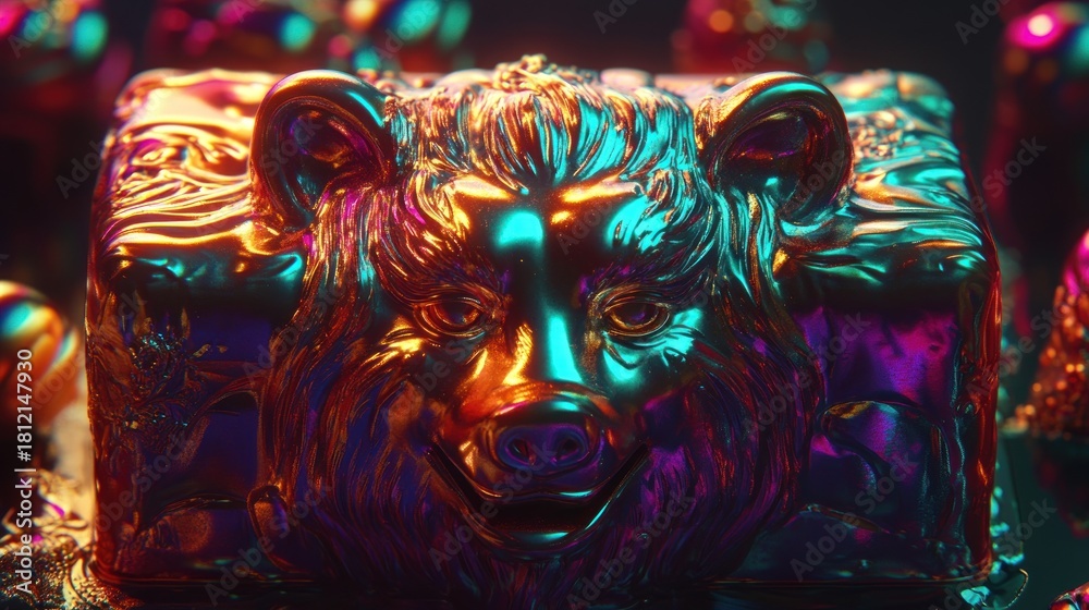 Fototapeta premium Golden bear-shaped box, vibrant colors, 3D render