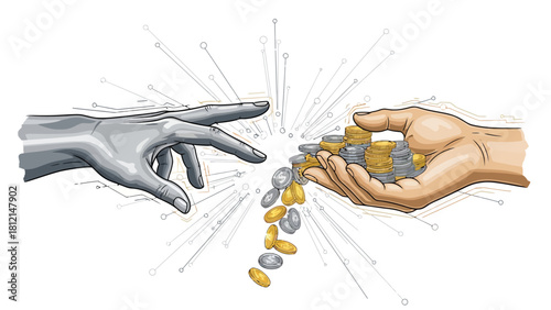 Robotic hand extends toward human hand holding coins