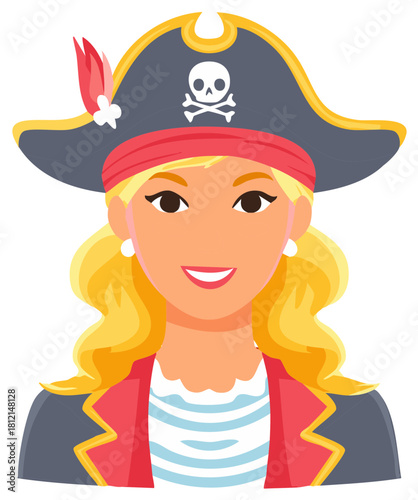 Blond woman wearing a pirate hat with skull and crossbones, red bandana, and jacket illustration