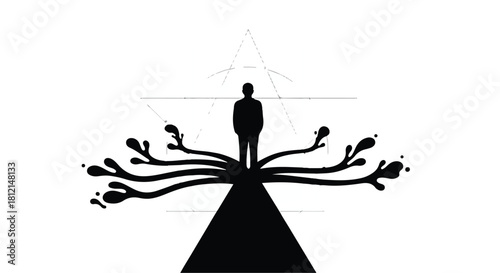 Silhouette of a person standing at the peak of a dark mountain, with abstract branches reaching outwards.