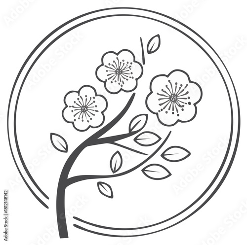 Graphic image of a plum tree branch within a circle featuring delicate blossoms and leaves creating a tranquil nature scene