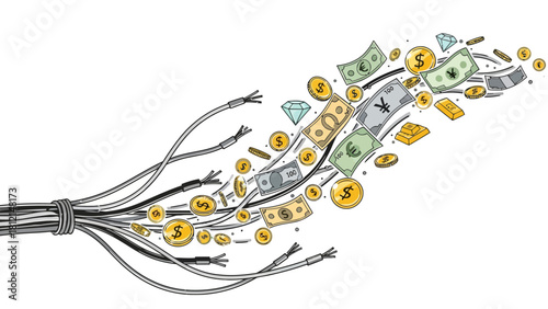 Severed wires emit flying currency and gold bars