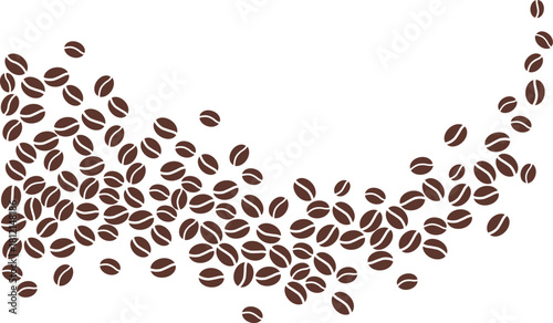 A scattering of dark brown coffee beans isolated, with an elegant wave vector design