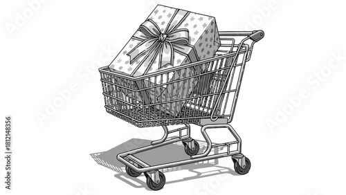 Shopping cart filled with a large patterned gift box tied with a bow
