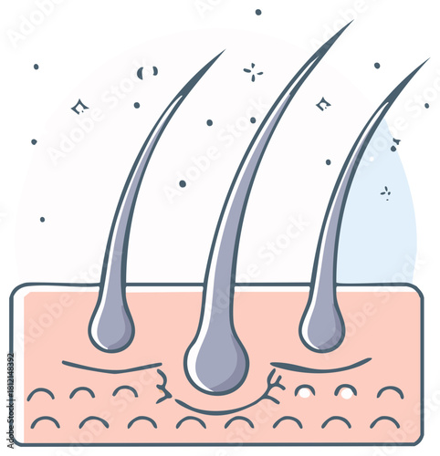 Close up illustration of healthy and damaged hair follicles under skin for beauty and health concepts