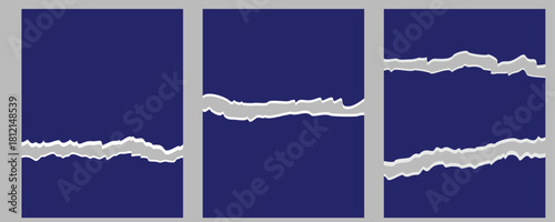 Three vertical dark blue templates with rough paper rip effect revealing gray layer for mobile interface design. Abstract distressed texture vector background for social media stories, app screens, ba