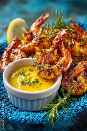 baked shrimp with mustard sauce in a white dish on a blue net, vibrant color background