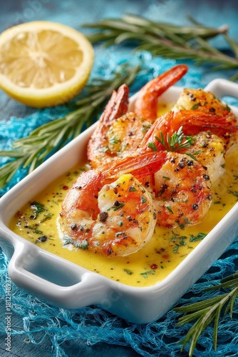 baked shrimp with mustard sauce in a white dish on a blue net, vibrant color background