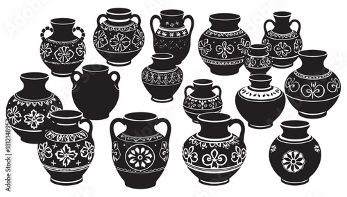 Unique collection of vintage pottery jars perfect for adding a touch of timeless style, ideal for creative backgrounds and designs, decorative ceramic vessels