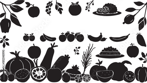 Elegant silhouette fruits and vegetables border, perfect for natural food packaging and healthy lifestyle designs, offering a clean, modern, and appealing aesthetic