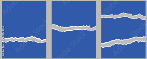 Communication breakdown or separation concept in three vertical panels with rough horizontal tear effect. Vibrant blue and contrasting gray texture ideal for abstract editorial design, news headlines,