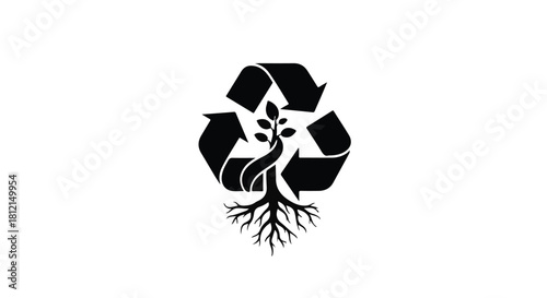 Recycle symbol with growing plant and roots, symbolizing environmental growth and sustainability