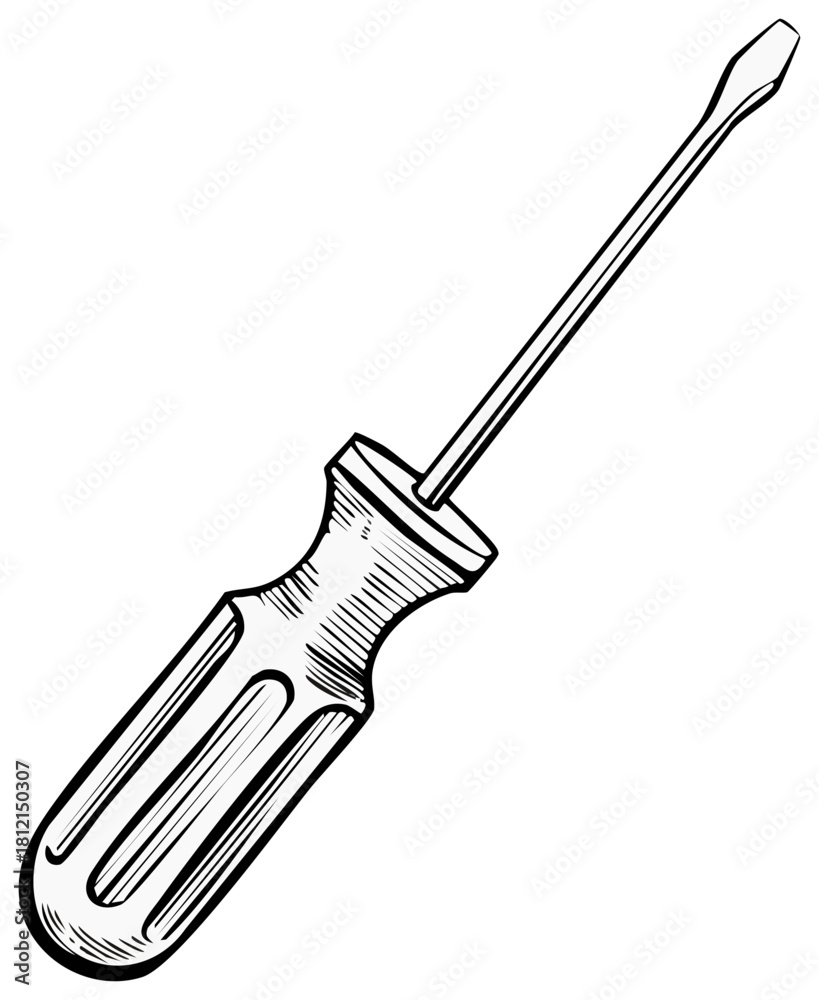 Fototapeta premium Slotted Screwdriver Tool Hand Drawn Style Line Art Black and White Isolated