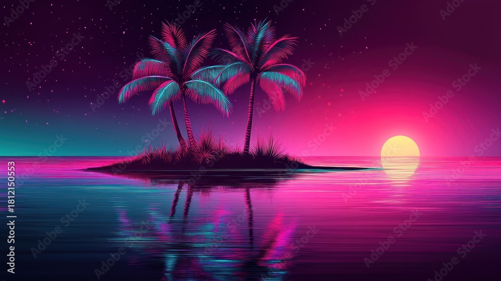 Fototapeta premium Neon island at sunset
