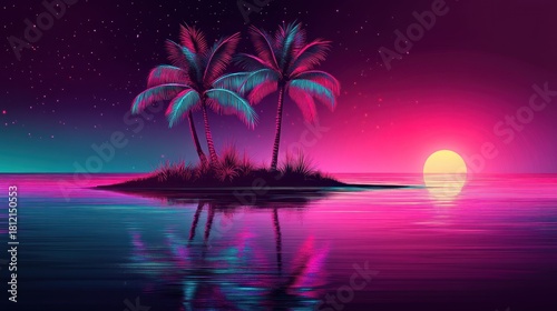 Neon island at sunset