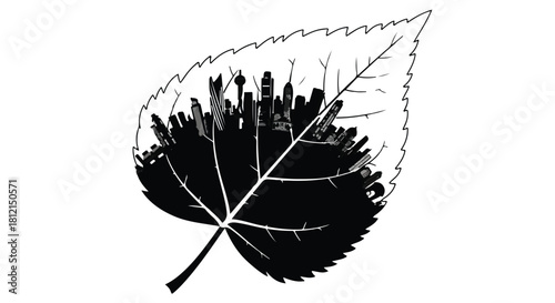 Silhouette of a vibrant cityscape emerging from the veins of a detailed leaf.