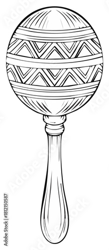Decorative maraca musical instrument with ethnic patterns black and white line art illustration
