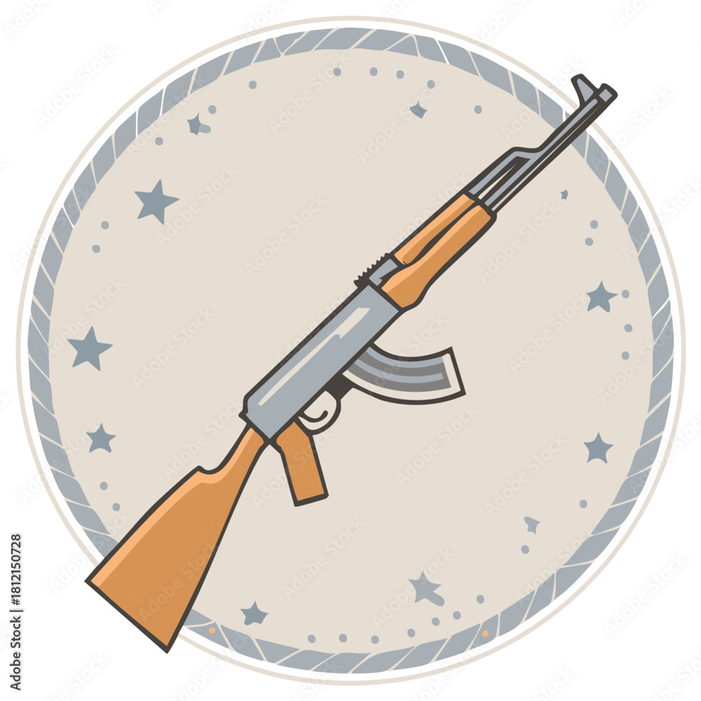 Naklejka premium Modern automatic weapon illustration icon with wooden elements in a decorative star-filled circle badge