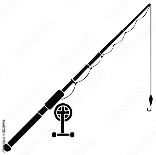 Black silhouette of a fishing rod with a reel and hook extended on a white background