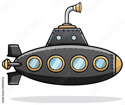 Cartoon Submarine Illustration with Circular Portholes and Conning Tower for Underwater Exploration