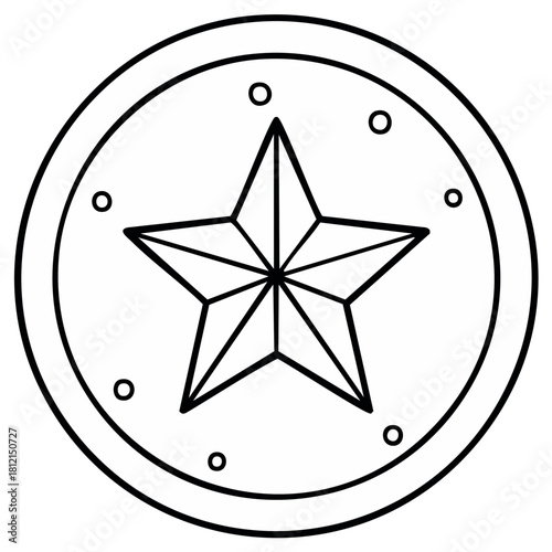 Star in a Circle Black and White Illustration Simple Coin Design Symbol Round Frame Decoration