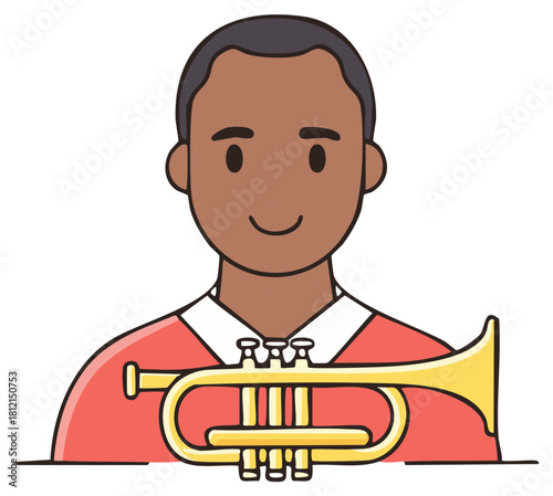 Smiling dark skinned man holds trumpet, musical instrument, cartoon jazz or blues musician portrait vector illustration art