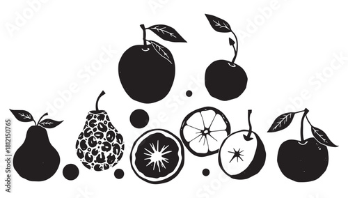 Whimsical fruit medley graphic, perfect for adding a touch of playful style to any creative project with fresh pears, oranges, apples, and cherries