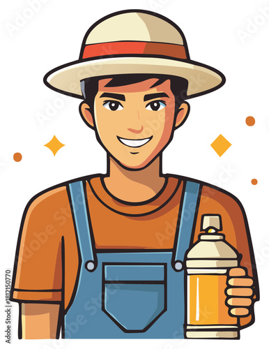 Cartoon handyman holding spray paint can. Cheerful worker in overalls and straw hat smiles. Home improvement icon.