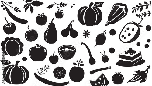Hand-drawn silhouettes of garden vegetables and fruits, perfect for harvest festival designs, autumn menus, and seasonal cooking illustrations for a rustic feel