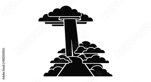 Stylized black and white illustration of a mushroom cloud rising from a mountain peak, symbolizing destruction or power.