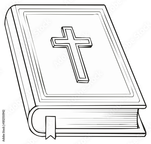 Line drawing of a Bible with a cross on the cover, and a bookmark, black and white