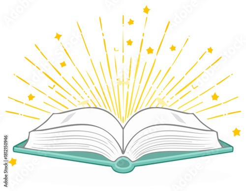 Open Book Vector Icon Shining Radiating Stars Concept Reading Learning Knowledge Education Literature Light Flat Style