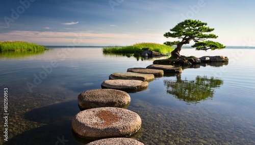 serene zen garden stepping stones with bonsai tree