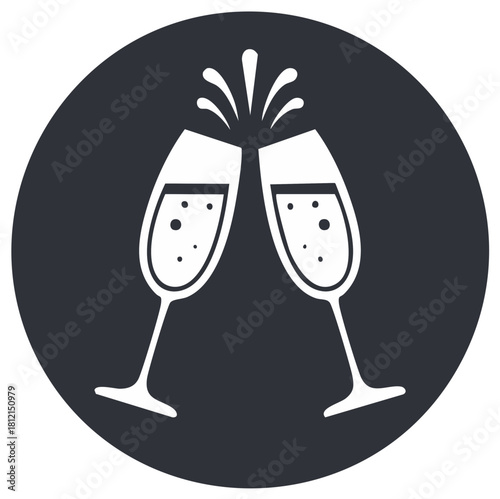 Two Champagne Glasses Toasting with Bubbles Inside a Dark Circle, Celebration Symbol